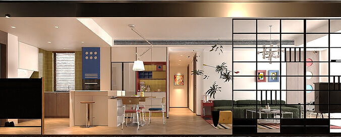 Modern living room and dining area 3D model