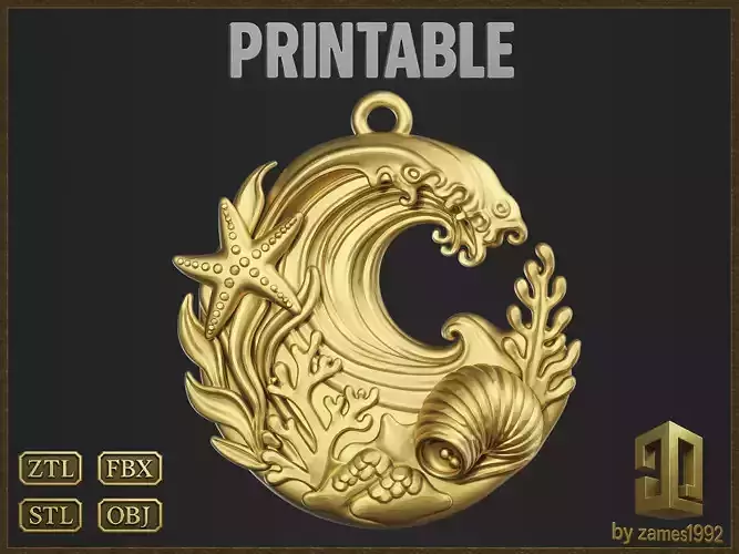 Ocean Coral Wave Pendant 3D print model