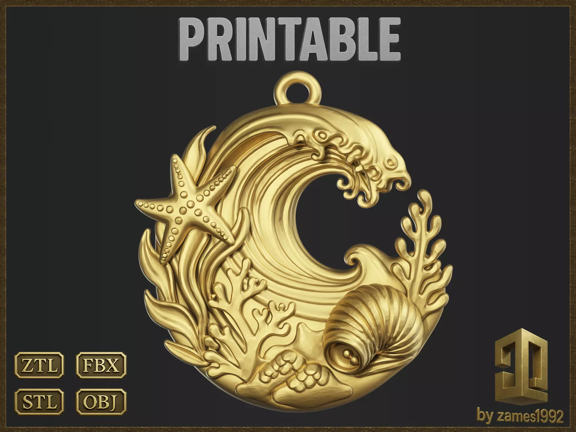 Ocean Coral Wave Pendant 3D print model_0