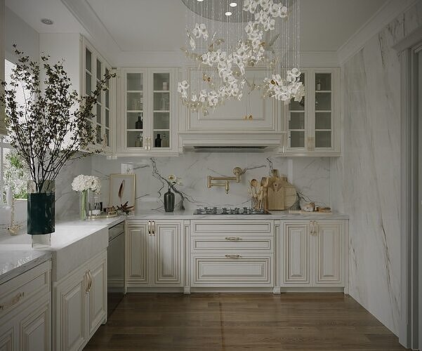 Elegant Modern Classic Kitchen with Marble Accents 3D model