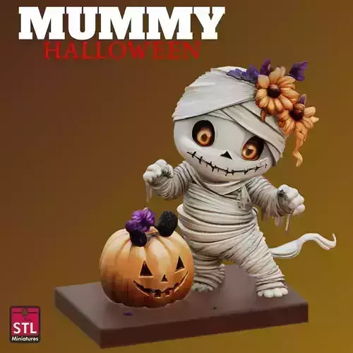 STL Chibi Mummy with Pumpkin Halloween Miniature