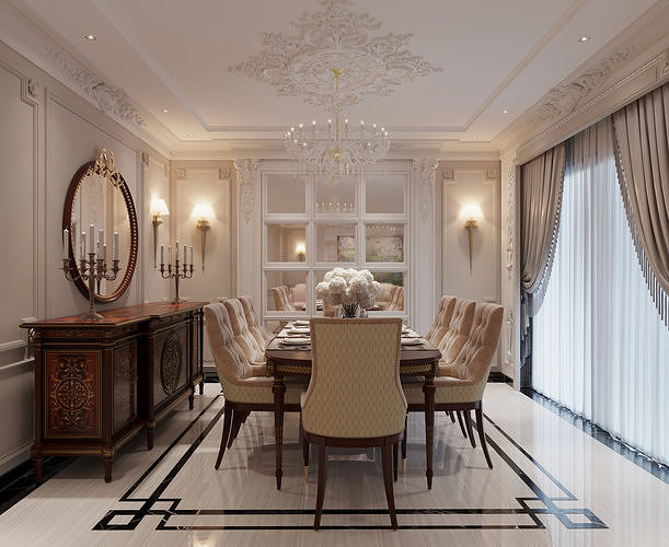Luxurious Neoclassical Interior Scene Living Dining Hallway 3D model