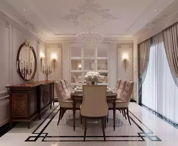 Luxurious Neoclassical Interior Scene Living Dining Hallway