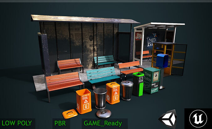 Ultra HD Road Prop Pack  PBR Textured Low-poly 3D model