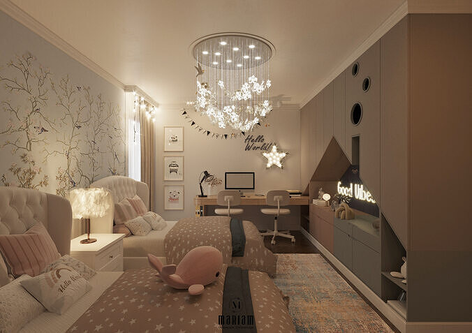 Charming Modern Kids Twin Bedroom with Playful Decor 3D model