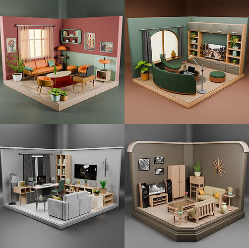 Isometric Living Rooms  4 Scene Collection Low-poly 3D model