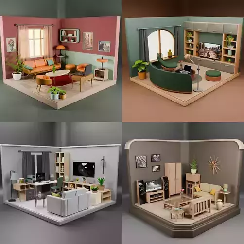 Isometric Living Rooms  4 Scene Collection