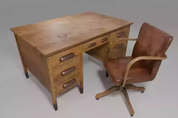 Teacher chair with study desk - Old Vintage school furniture Low-poly 3D model