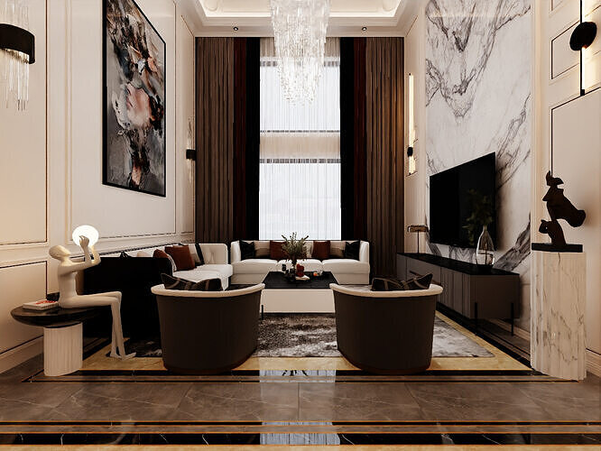 Simple European-style villa s living room and dining area 3D model