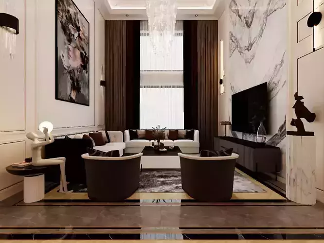 Simple European-style villa s living room and dining area 3D model