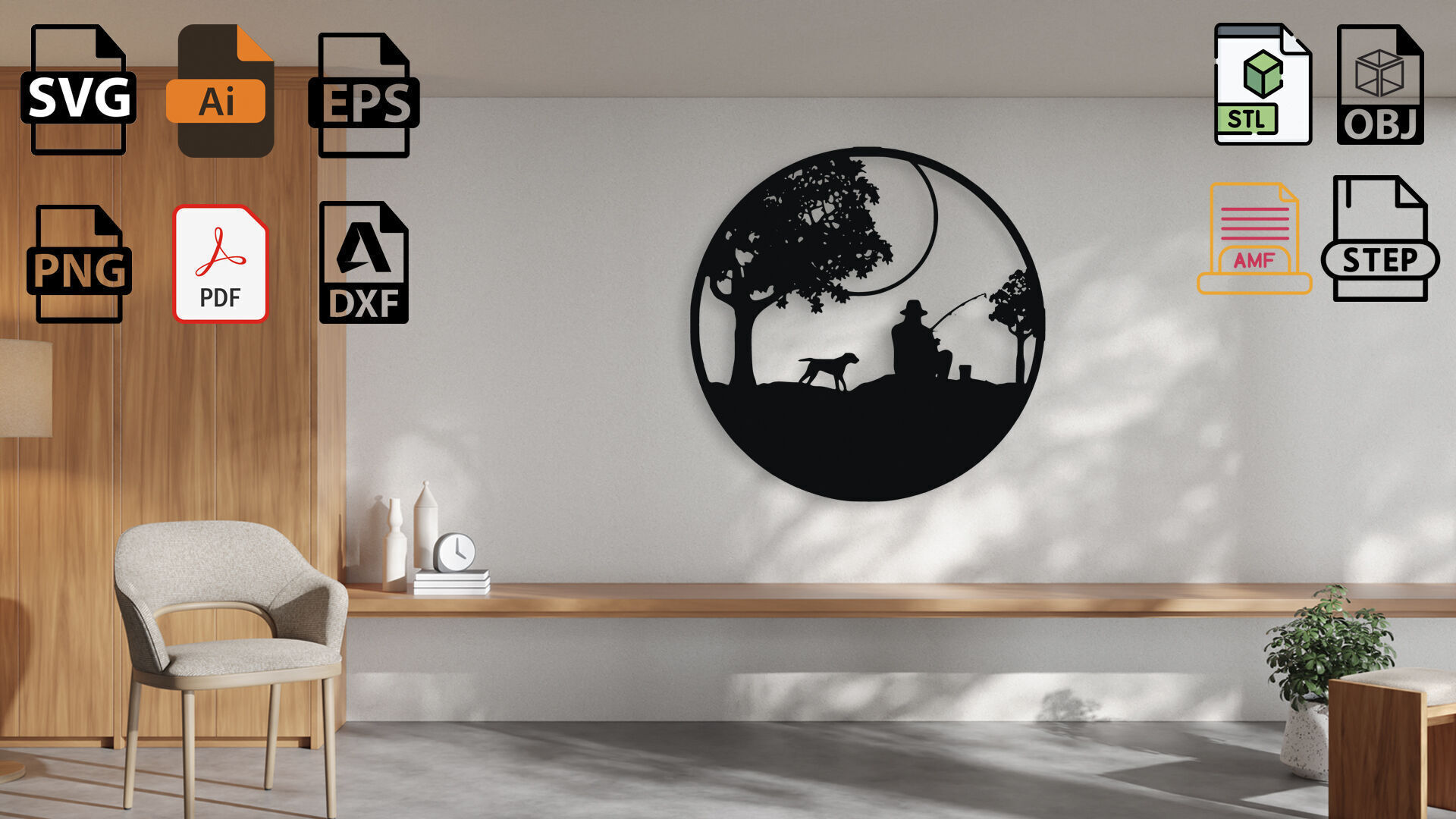 Fishing Scene Wall Decor 3D model_1