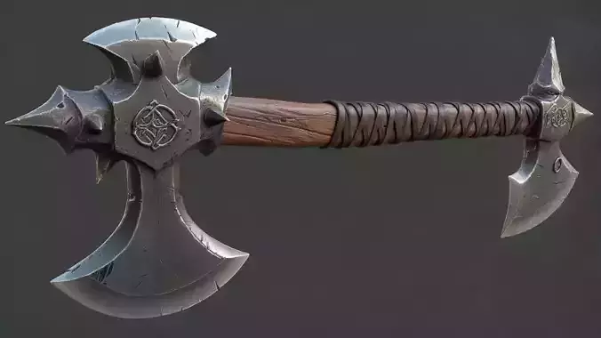 Stylized Fantasy Double-Edged Battle Axe  Game Ready 3D Model