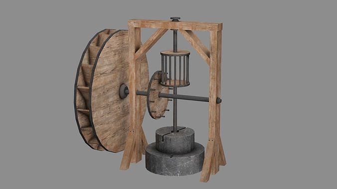 Medieval Wooden Grinding Water Mill Low Poly 3D Model Low-poly 3D model