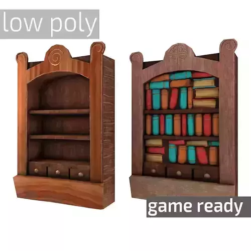 Low Poly Bookshelf wooden bookcase with books Low-poly 3D model