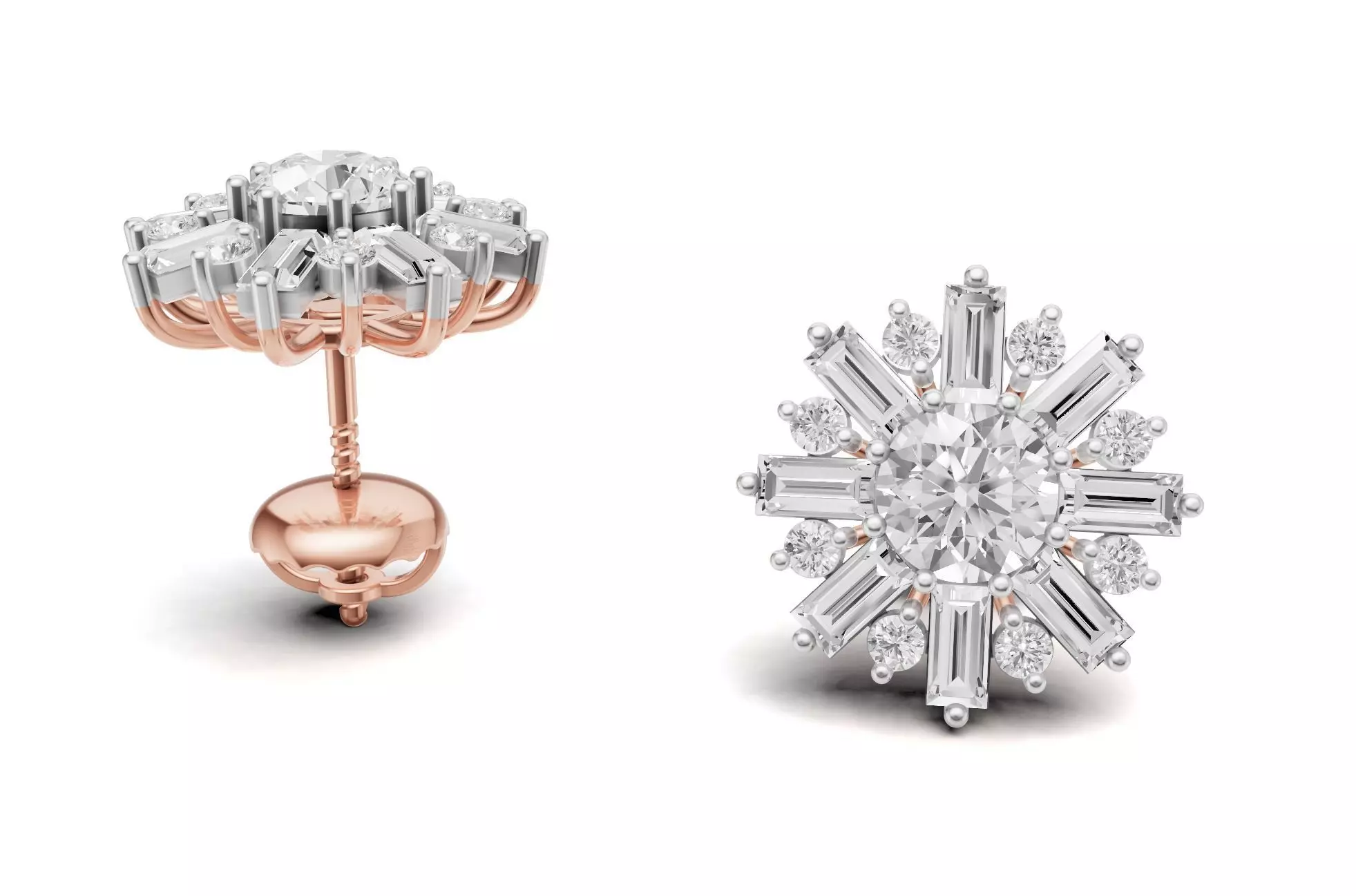 Baguette and Round Pointer Diamond Floral Studs 3D print model