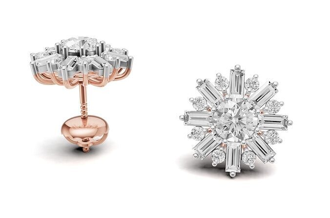 Baguette and Round Pointer Diamond Floral Studs 3D print model