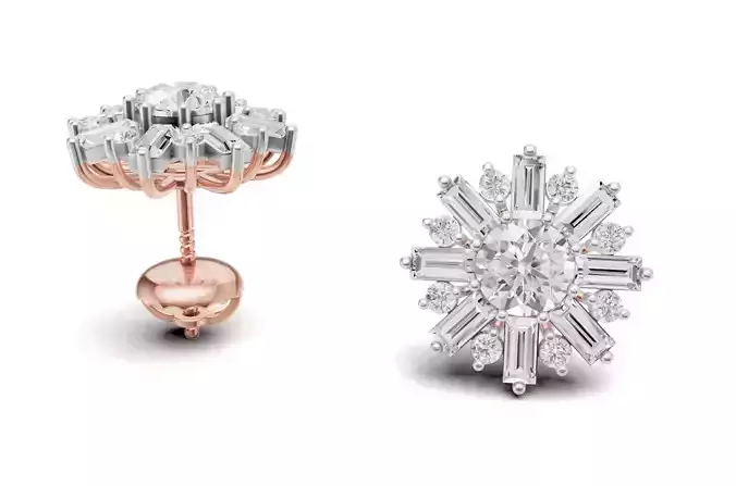 Baguette and Round Pointer Diamond Floral Studs