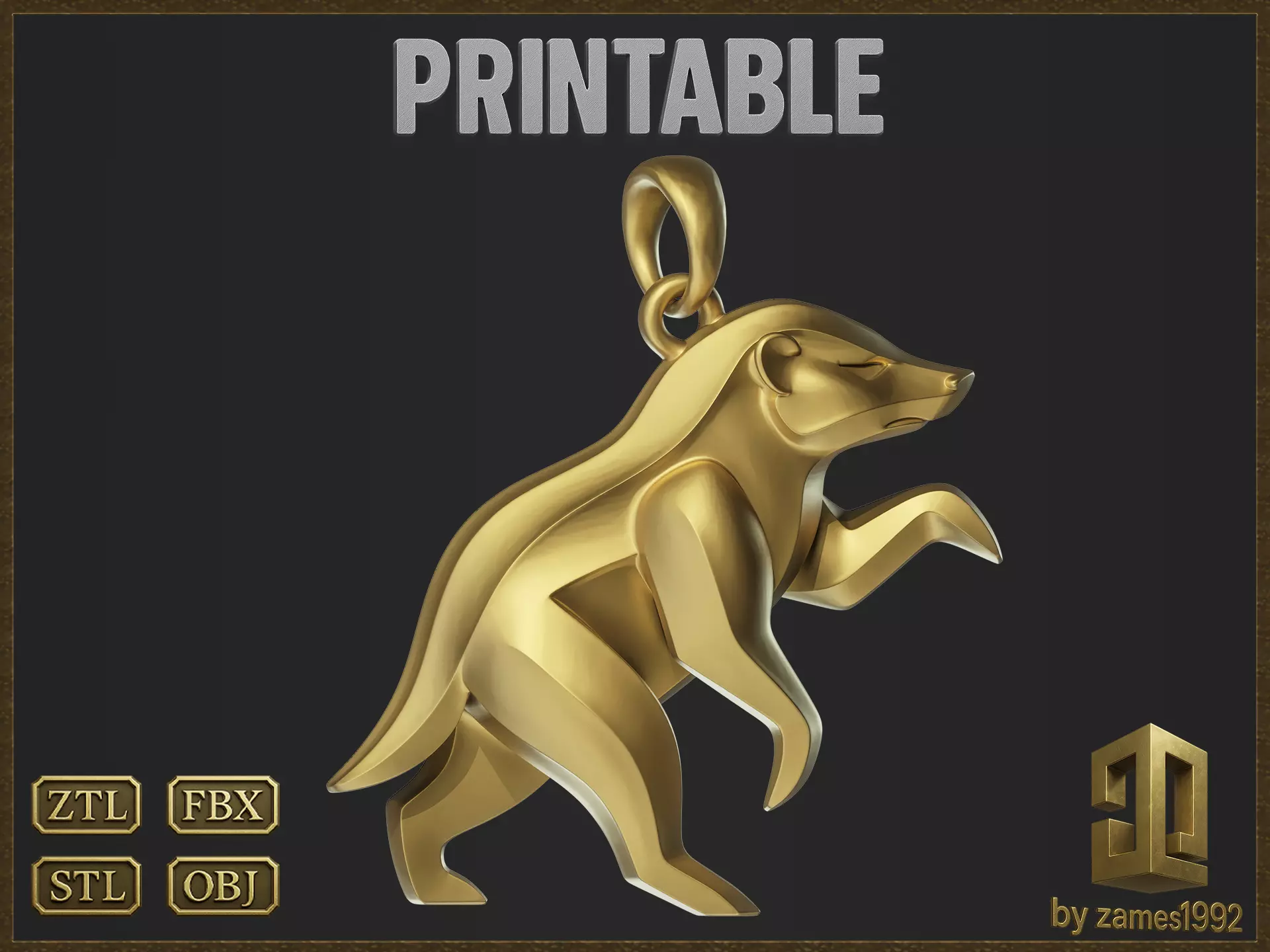 Honey Badger Minimalist Pendant 3D print model_0