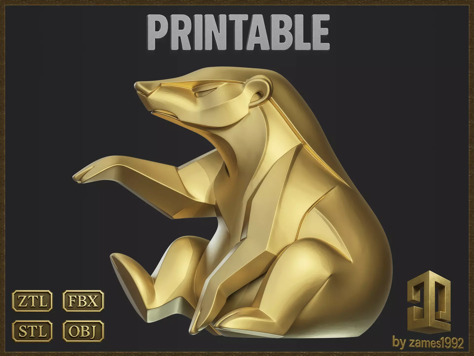 Geometric Honey Badger Figure 3D print model_0