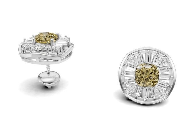 Cushion Yellow Diamond Stud With Baguette and Pear   3D print model