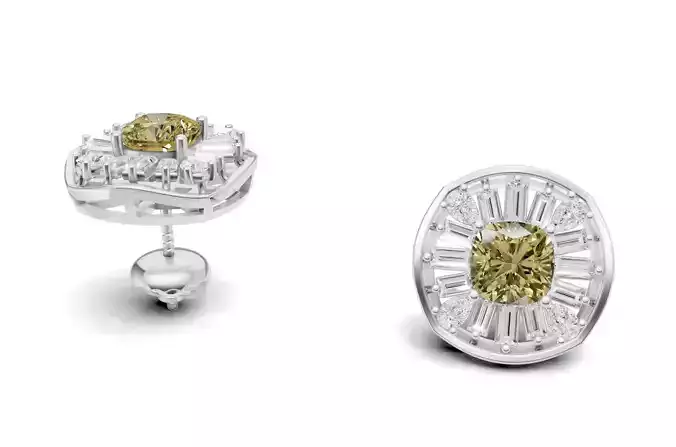 Cushion Yellow Diamond Stud With Baguette and Pear  