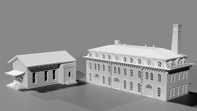 19th-Century Industrial Factory Brick Shed Bundle Low-poly 3D print model