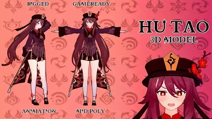 Hu Tao Stylized 3D Character Model Game Ready  Rigged Optimized Low-poly 3D model