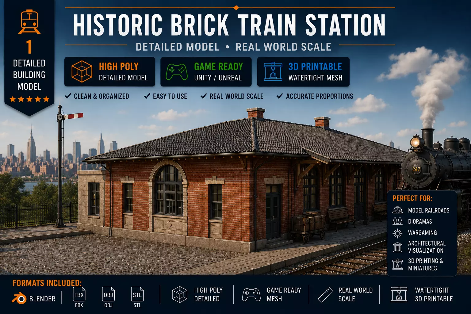 Historic Train Station Low Poly Railway Building Game Ready 3D print model