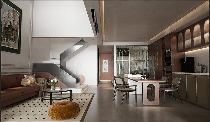 Modern medieval-style villa with a dining room and living area 3D model