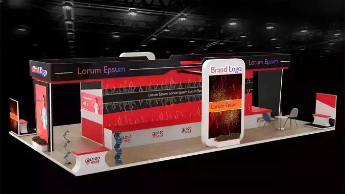 Sleek tech-themed stall with dual branding panels and display