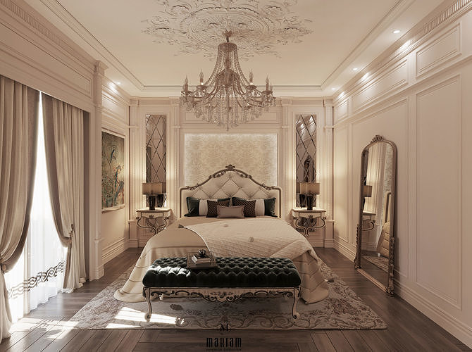 Neoclassical Master Suite Bedroom Walk in Closet Bathroom 3D model