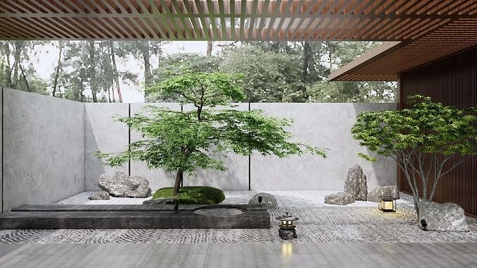 New Chinese - style Zen Courtyard Landscape Design 3D model