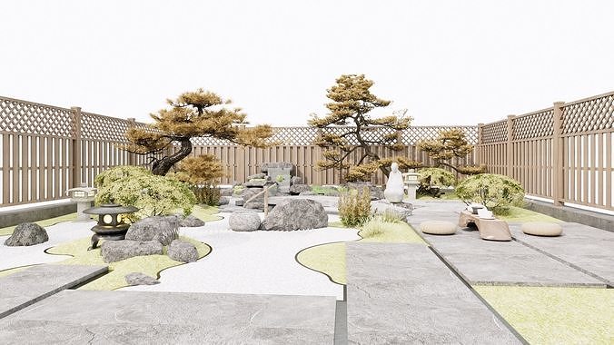Japanese Zen - style Courtyard Landscape Design 3D model