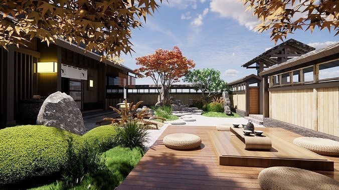Japanese - style Courtyard Landscape Design Immersive Zen Space 3D model