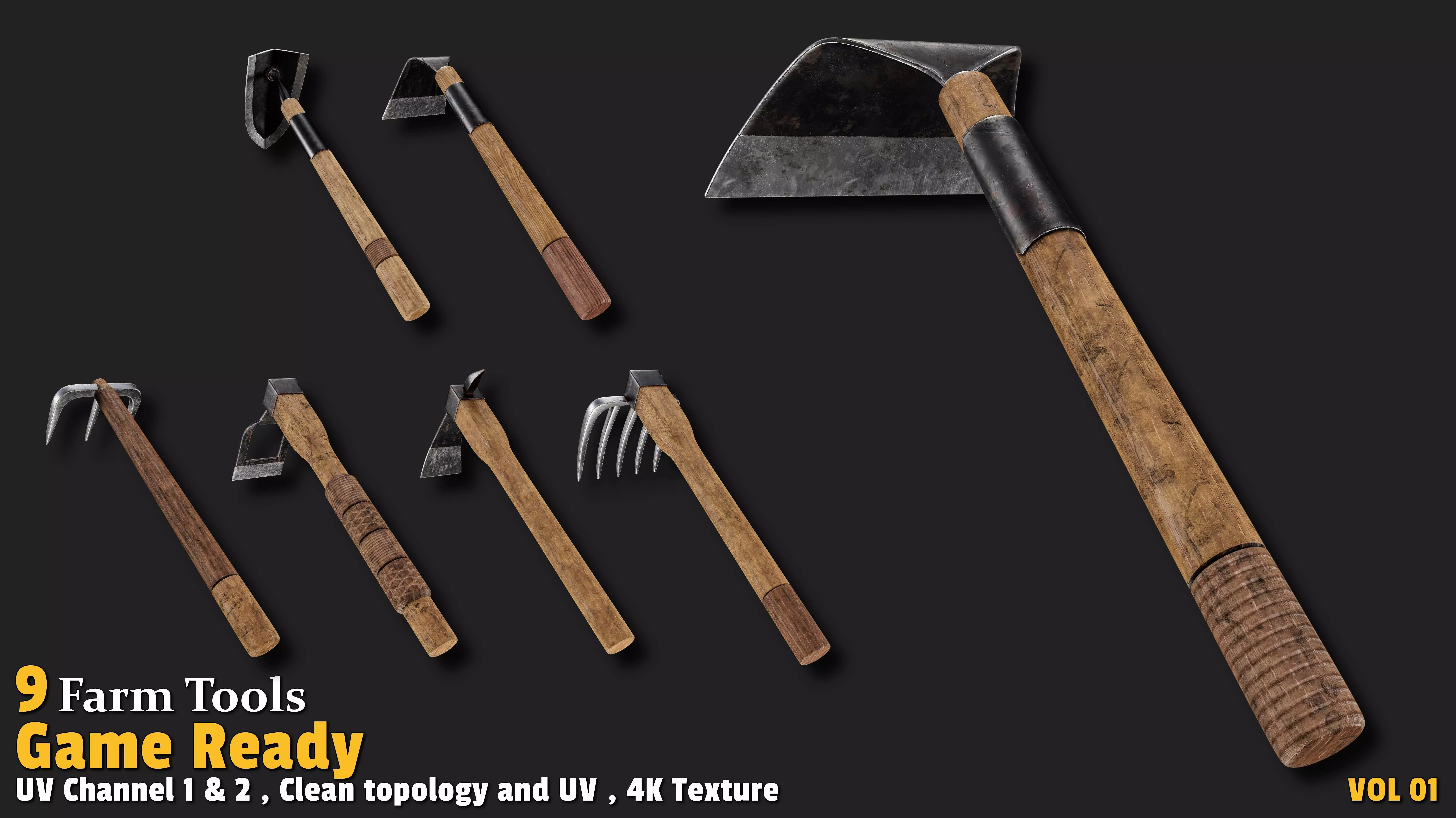 9 Farm Tools Game Ready VOL01 Low-poly 3D model_0