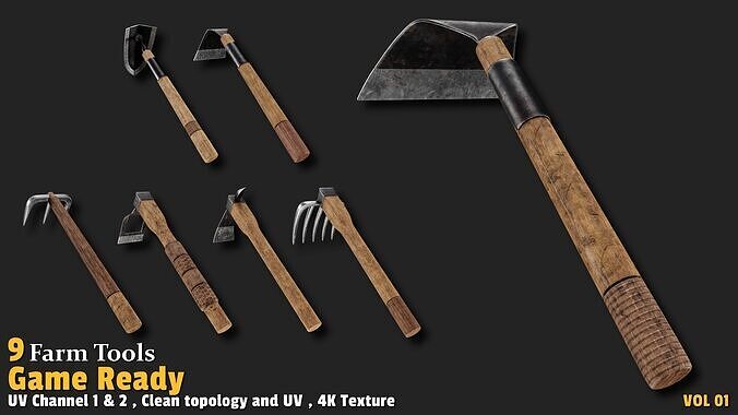 9 Farm Tools Game Ready VOL01 Low-poly 3D model