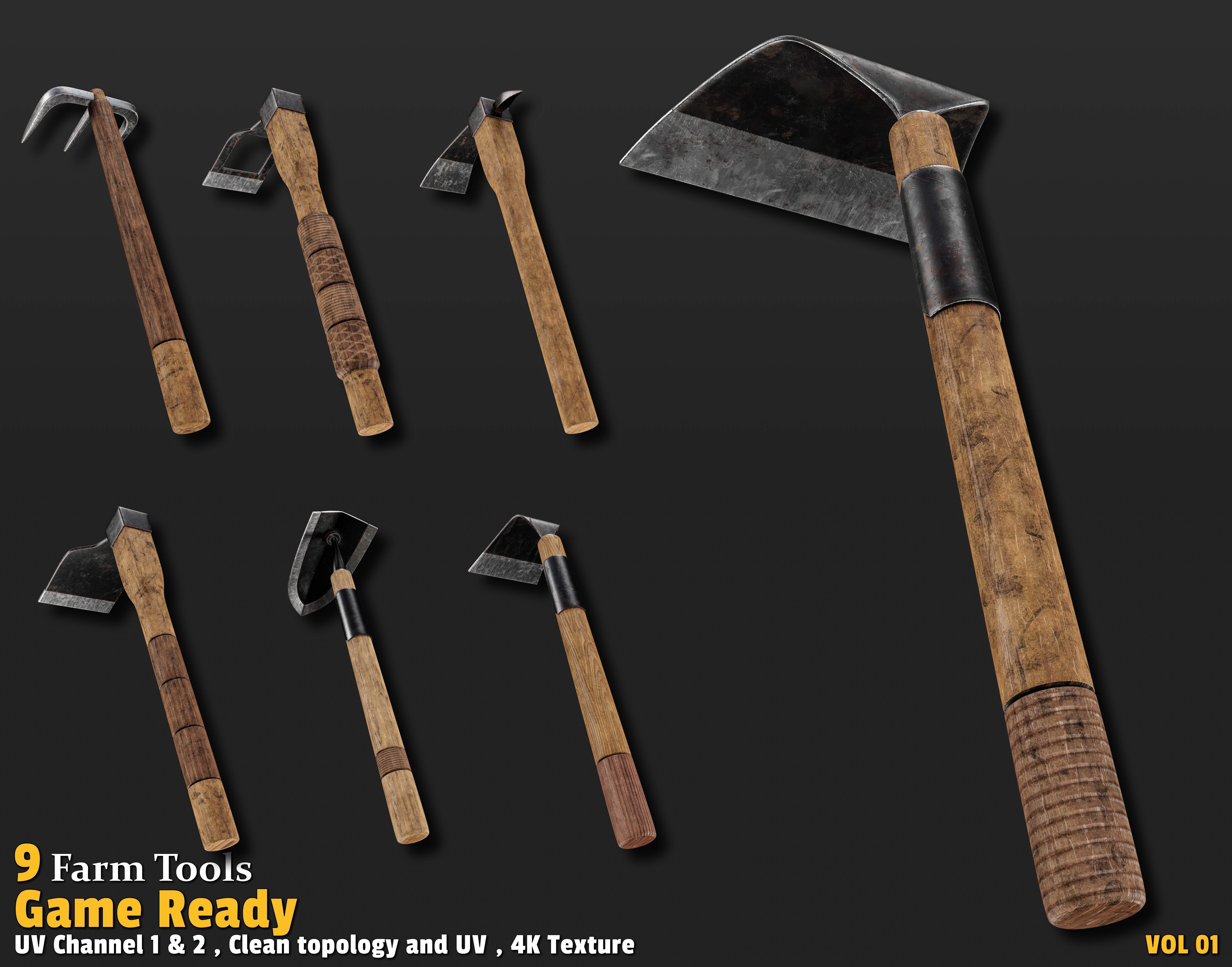 9 Farm Tools Game Ready VOL01 Low-poly 3D model_4