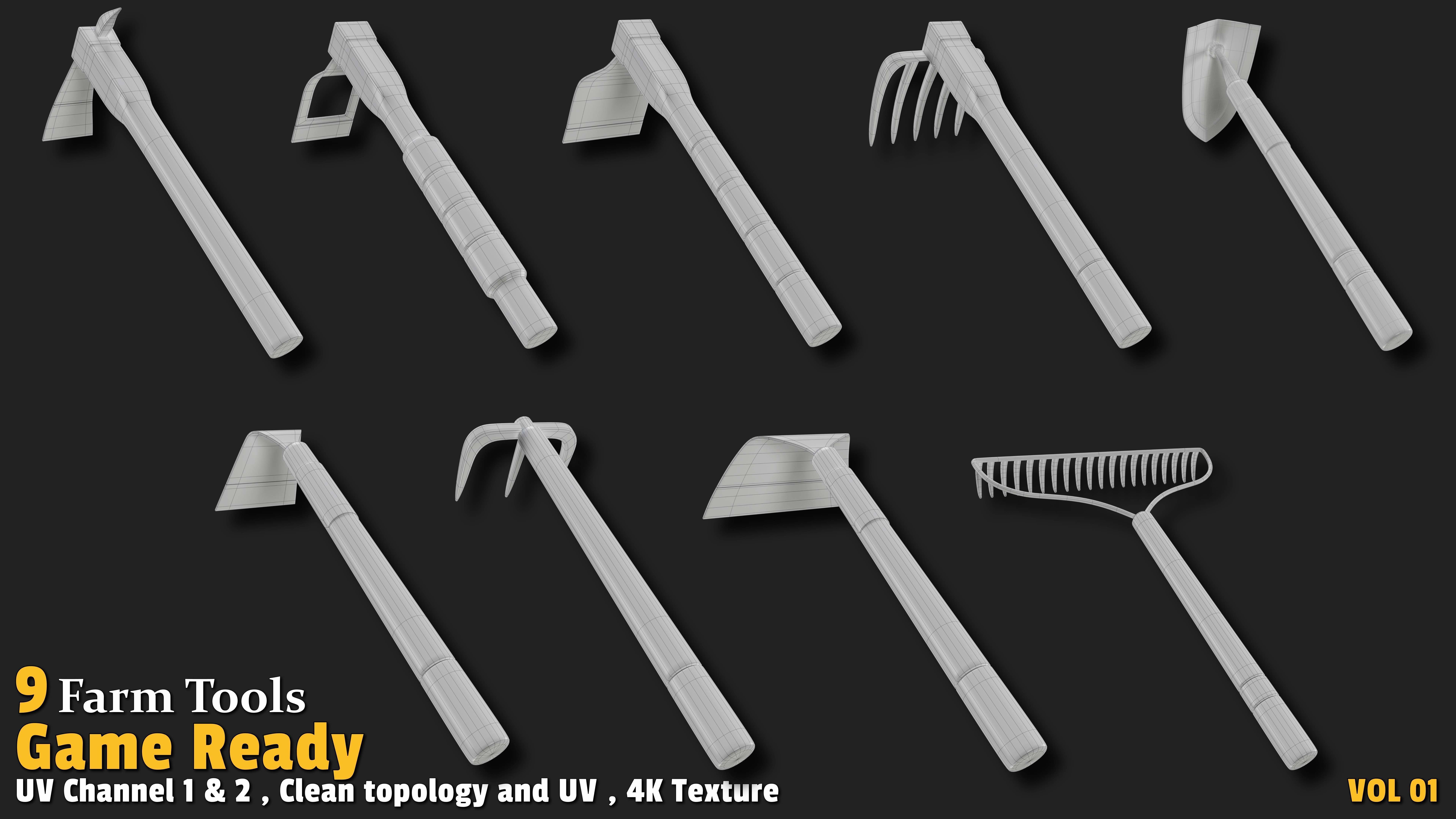 9 Farm Tools Game Ready VOL01 Low-poly 3D model_2