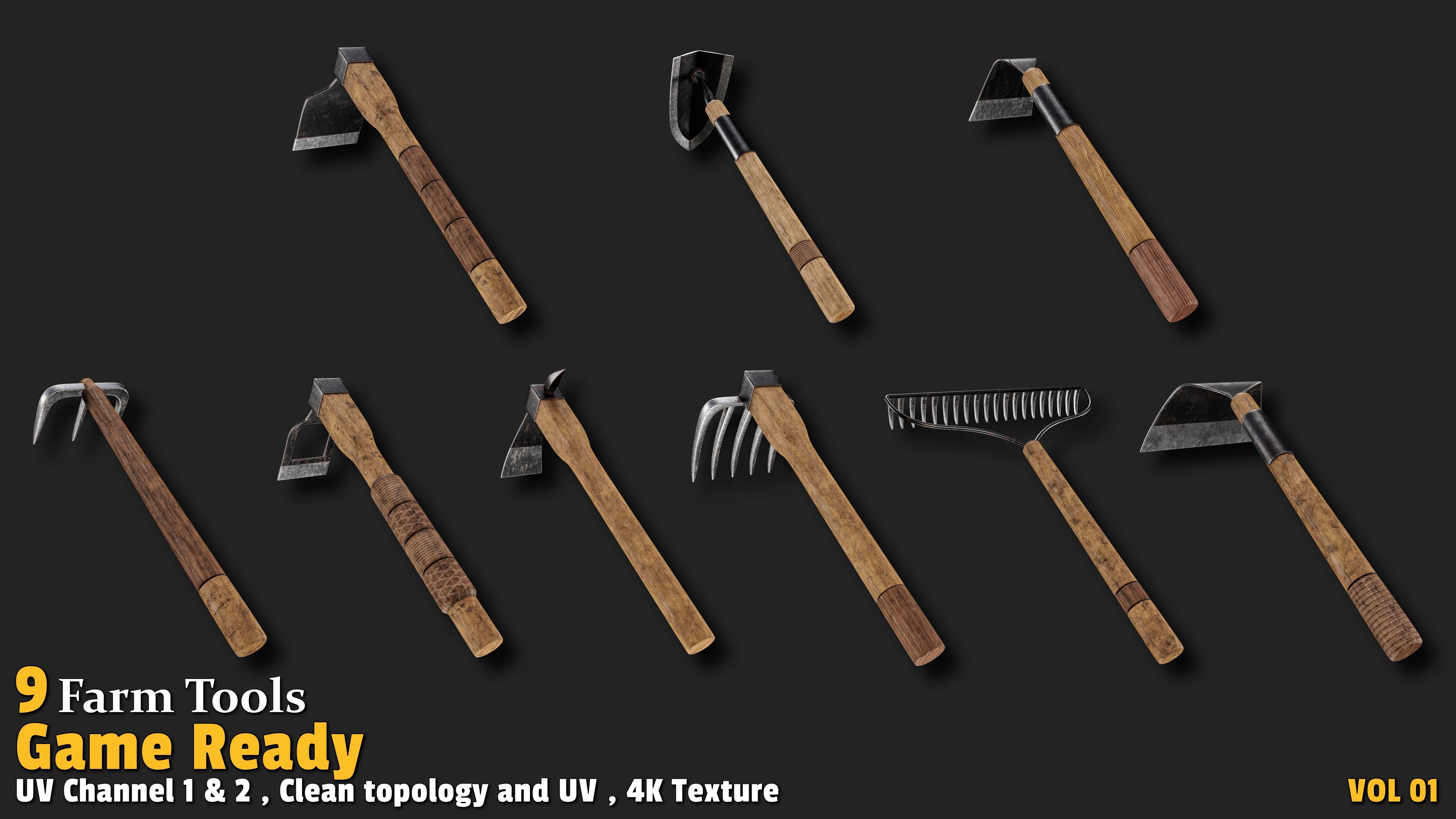 9 Farm Tools Game Ready VOL01 Low-poly 3D model_1