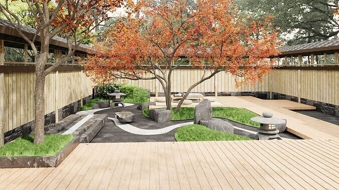 Japanese Zen - style Courtyard Landscape Design 3D model