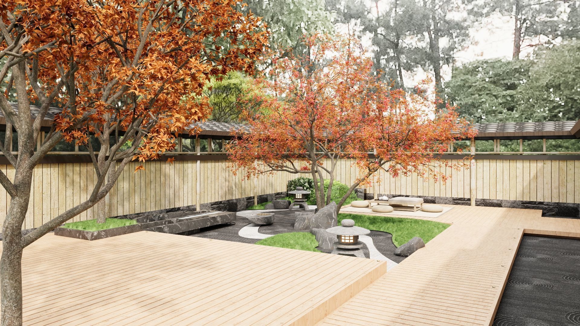 Japanese Zen - style Courtyard Landscape Design 3D model_1