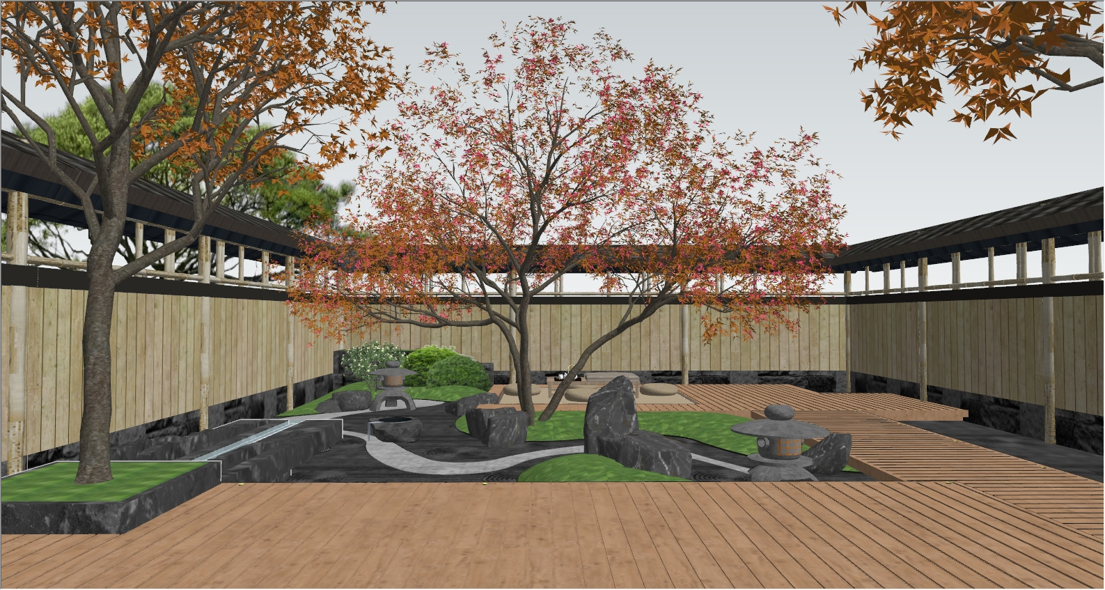 Japanese Zen - style Courtyard Landscape Design 3D model_2