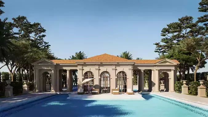 Exterior Swimming Pool with a Classical Gazebo in Tuscan Order 