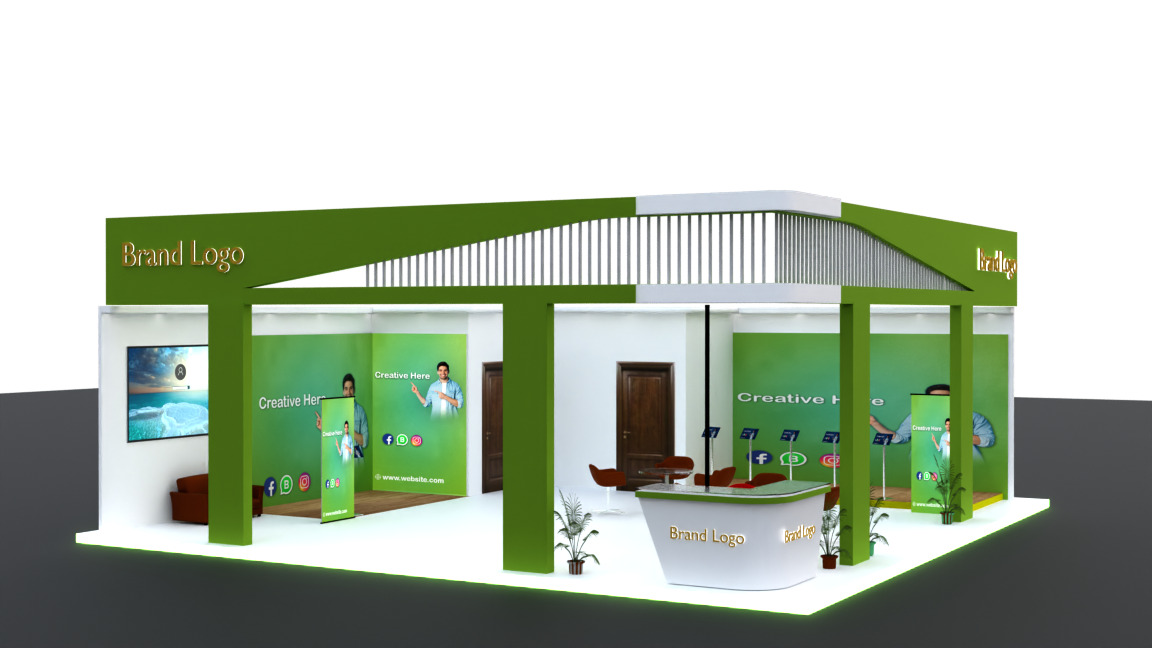 Eco-modern exhibition booth with green frame setup 3D model_5