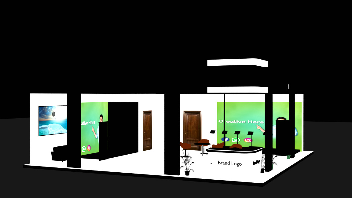 Eco-modern exhibition booth with green frame setup 3D model_9