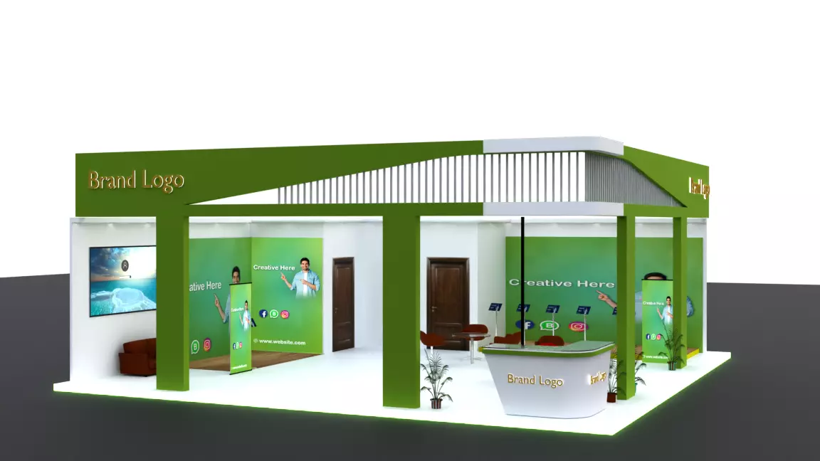 Eco-modern exhibition booth with green frame setup 3D model_0
