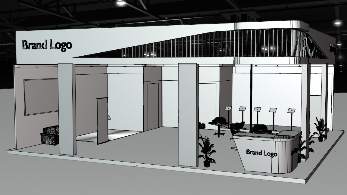 Eco-modern exhibition booth with green frame setup 3D model_6