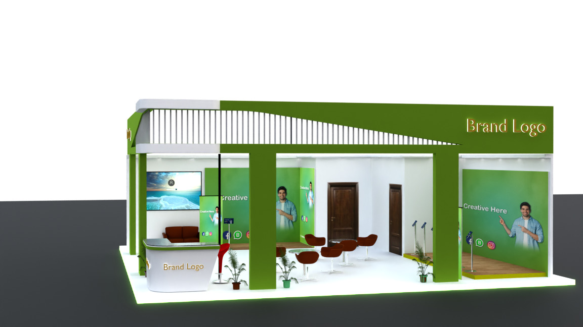 Eco-modern exhibition booth with green frame setup 3D model_2