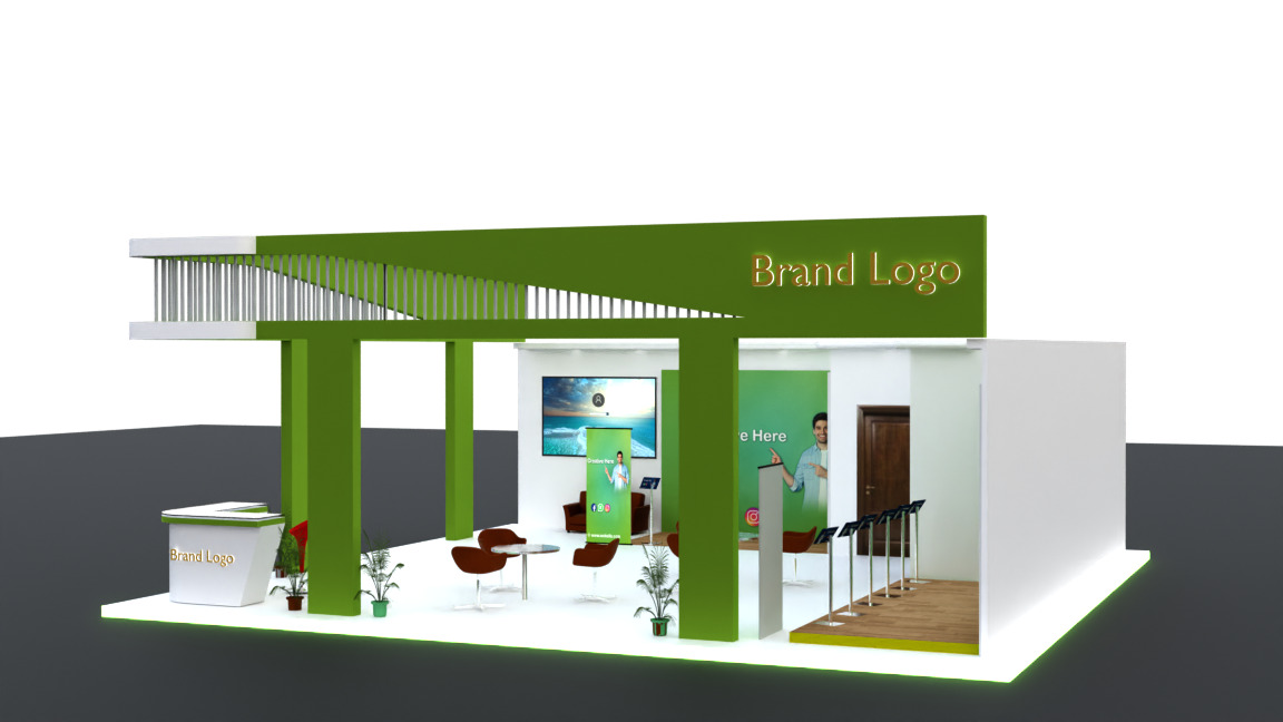 Eco-modern exhibition booth with green frame setup 3D model_3