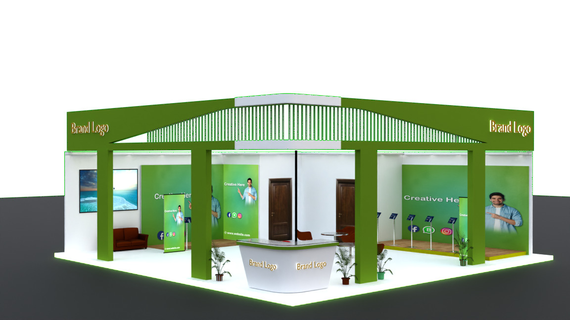 Eco-modern exhibition booth with green frame setup 3D model_4